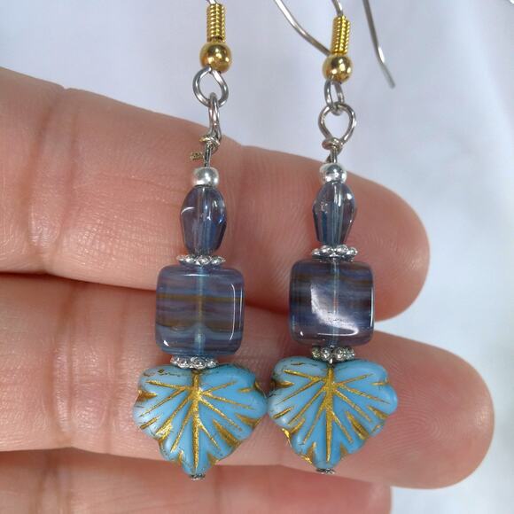 Artisan Blue Fall Glass Earrings Dangle Autumnal Silver Tone Accents Beaded NEW - Picture 5 of 10